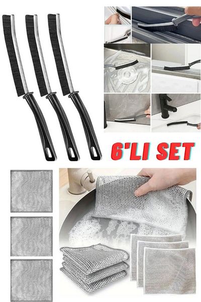 HİROS'H 6-Piece Cleaning Set - Joint Bathroom, Kitchen, Toilet Brush & Microfiber Inox Cloth