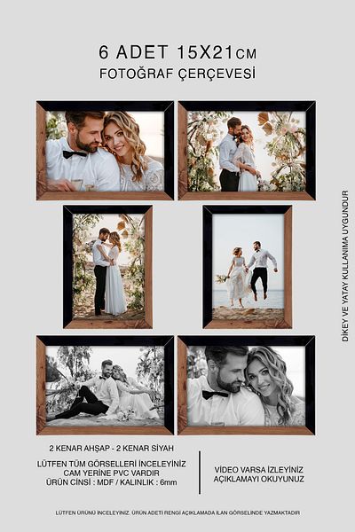 bymat 6 Pieces 15X21 A5 Mdf Photo Frame - Wooden and Black 2 Color Frame