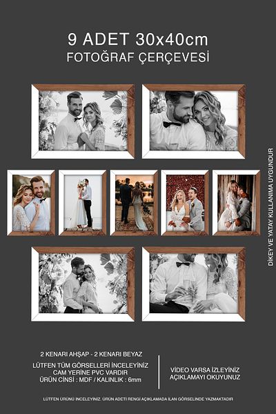 bymat 9 Pieces 30X40 Mdf A3 Frame - Photo Frame - Wooden-White 2 Color Frame