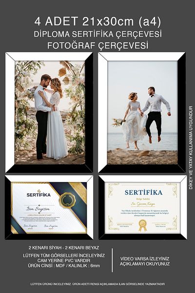 bymat 4 Pieces 21X30 Mdf A4 Frame - Photo Frame - Black-White 2 Colors Diploma Frame