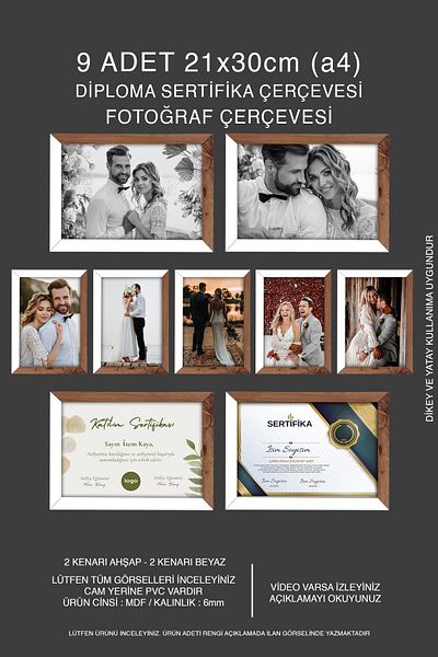 bymat 9 Pieces 21X30 Mdf A4 Frame - Photo Frame - Wood-White 2 Colors Diploma Frame