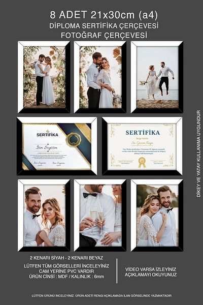 bymat 8 Pieces 21X30 Mdf A4 Frame - Photo Frame - Black-White 2 Colors Diploma Frame