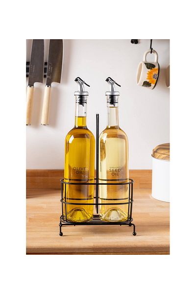 devigo 750ml 2-Piece Glass Oil Pot Set - Olive Oil and Liquid Oil Bottle with Metal Stand