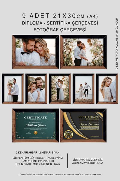 bymat 9 Pieces 21X30 Frame - Mdf A4 Frame - Photo Frame - Wood-Black 2 Color Diploma Frame