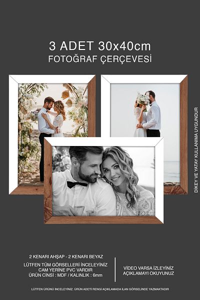 bymat 3 Pieces 30X40 Frame - Mdf A3 Frame - Photo Frame - Wood-White 2 Color Frame
