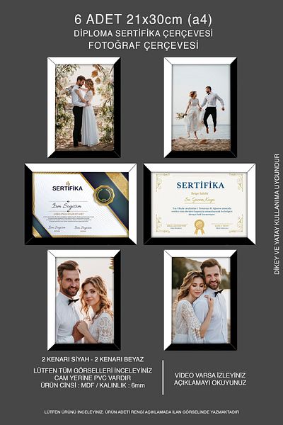 bymat 6 Pieces 21X30 Mdf A4 Frame - Photo Frame - Black-White 2 Colors Diploma Frame