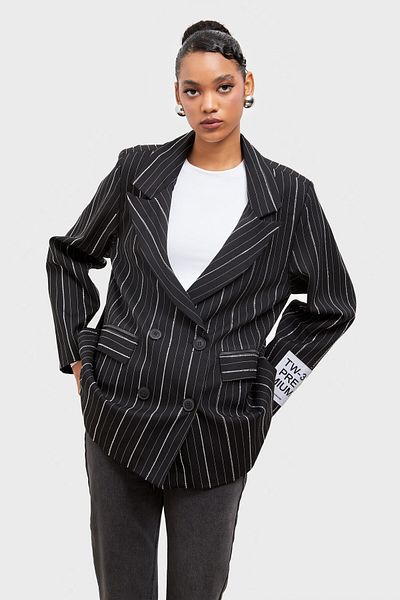 its basic Women's Anthracite Shiny Stone Detailed Striped Fabric Design Double Breasted Jacket