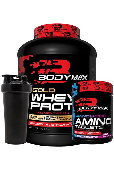 BODYMAX Gold Whey Protein Powder 2250 Gr Chocolate Flavored + Amino8000 Amino Acid 400 Tablets + Shaker Gift
