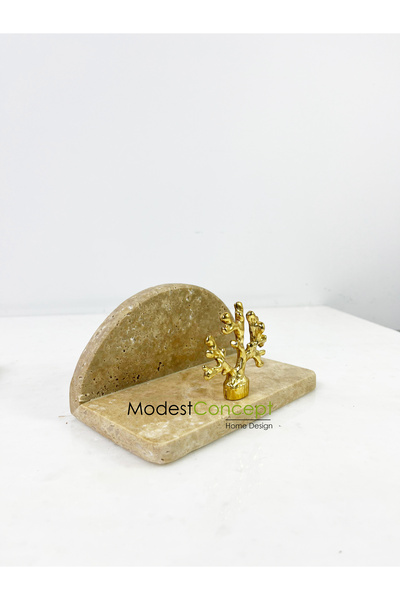 Modestmar Traverten Mermer Peçetelik Gold Mercan Objeli Yarım Daire Peçetelik