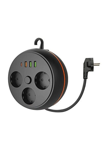 MATECHNO Makaralı 3'lü 1.5 M Uzatma Kablosu Akım Korumalı Priz 3x USB 1x Type...
