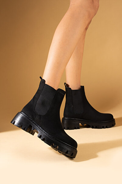 Pembe Potin Yeni Sezon Kadın Siyah Süet Lastikli Rahat Kalıp Sıcak Astar Rahat Bot