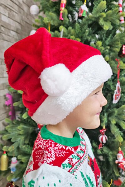 PEKSHOP Kalın Kadife Yılbaşı Şapkası Noel Baba Şapkası Lüks Ucu Ponponlu Kalın