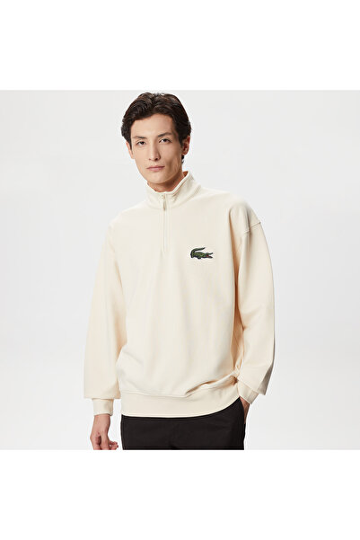 Lacoste Unisex Loose Fit Yarım Fermuarlı Krem Sweatshirt
