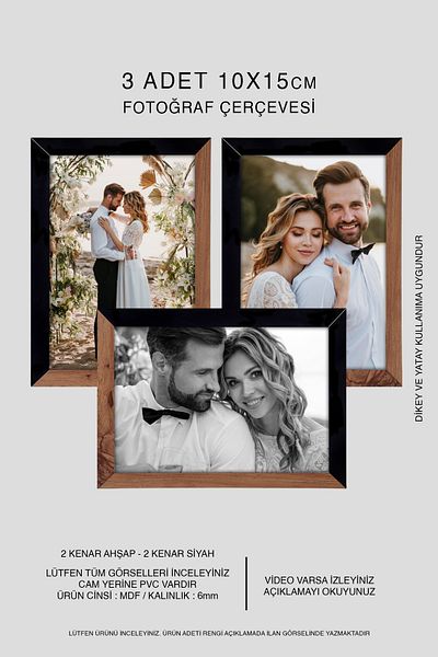 bymat 3 Pieces 10X15 Frame - Mdf Frame - Photo Frame - Wood - Black 2 Color Frame