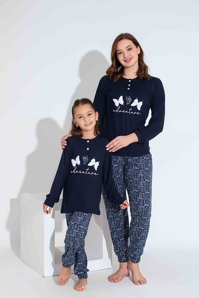 Tarık Women's Navy Blue Butterfly Embroidered Mother Girl Combination Thermal Winter Warm Soft Pajamas Set