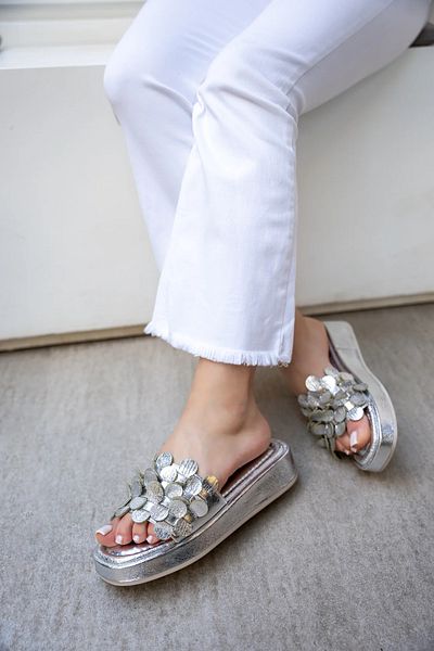 LAMİNTA 4cm Tassel Detailed Manje Silver Women's Slippers - Special Thick Sole