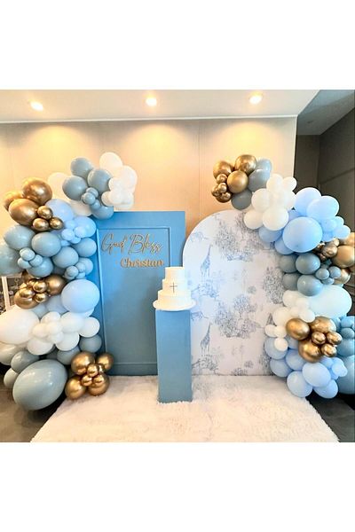 eğlencemarketi Chrome Gold Storm Blue - 100 Pieces Macaron Blue and White Balloon Chain