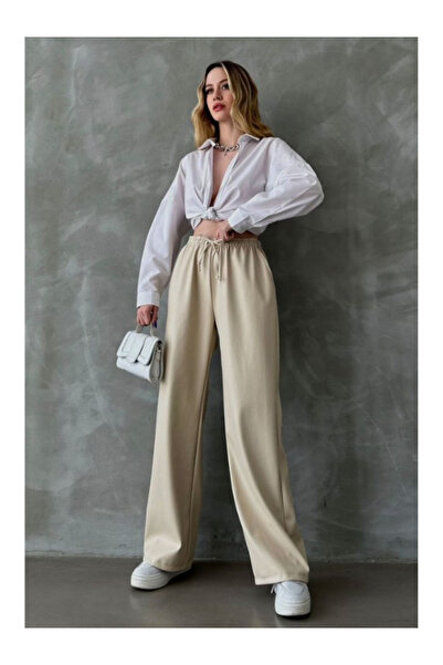 BEES JEANS Kadın Yüksek Bel Taş Deri Palazzo Pantolon