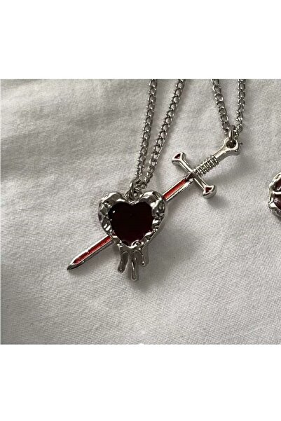 Herşey Nota Gothic Gotik Kılıç ve Kalp Damla Detay 2'li Çift Kolyesi Arkadaşl...