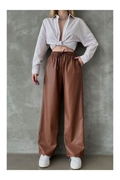 BEES JEANS Kadın Yüksek Bel Taba Deri Palazzo Pantolon