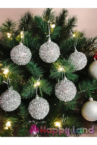 Happyland Yılbaşı Ağacı Çam Ağacı Süsü Gümüş Pullu Parıltılı Model 6 Adet Yılbaşı Topu 6 Cm Cici Top