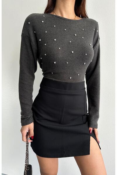 Bir Stone Embroidered Crew Neck Blouse - Anthracite
