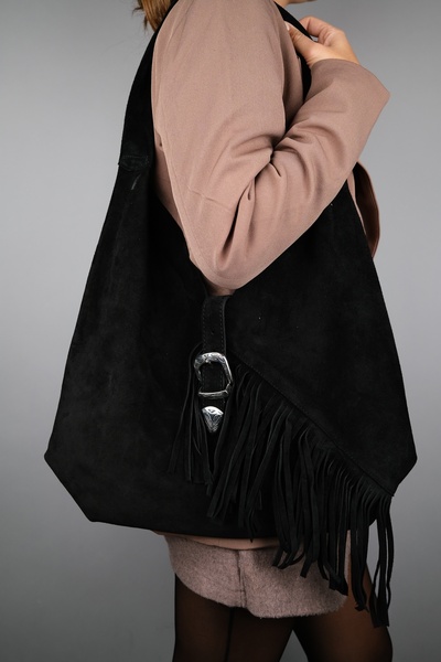 LuviShoes ROSALIN fekete valódi velúr bőr bojtos női válltáska