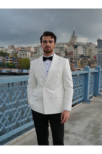 LONATOLİA Premium Men's Slim Fit Italian Style Double Breasted Tuxedos Shawl Collar Groom Suit Jacket Pants Bow Tie-White