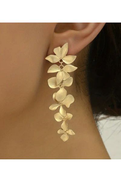 ER TAKI Gold Colored Flower Tassel Long Stylish Engagement Henna Wedding Evening Dress Earrings