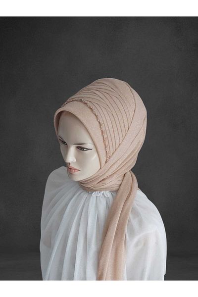 NurAy Embroidered Gold Silvery Ready-Made Veil Ready-Made Shawl Ready-Made Turban
