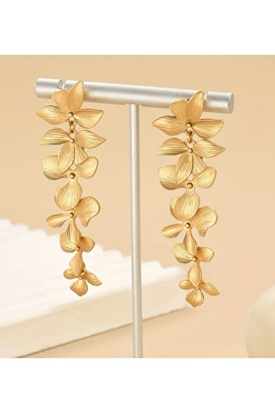 ER TAKI Gold Renkli Çiçek Püskül Uzun Şık Nişan Kına Düğün Abiye Küpe