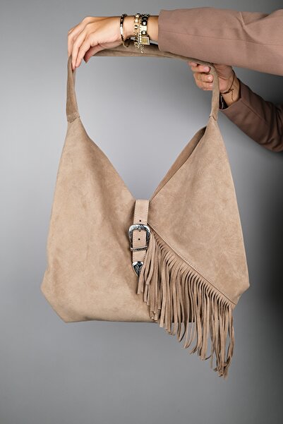 LuviShoes Rosalin Dark Beige Genuine Suede Leather Tasseled Women's Shoulder Bag