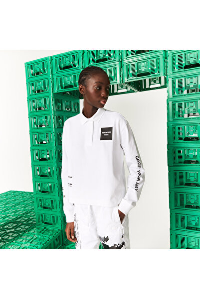 Lacoste X Minecraft Kadın Regular Fit Uzun Kollu Baskılı Beyaz Polo