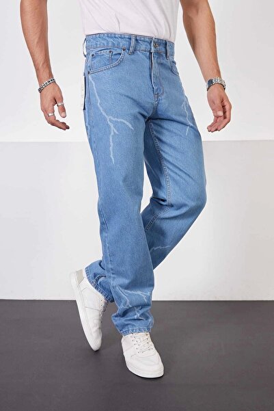 phantom jns by sekman Ice Blue φαρδύ παντελόνι με μοτίβο αστραπής εκτύπωση λέιζερ Oversize φαρδύ τζιν παντελόνι κανονική μέση