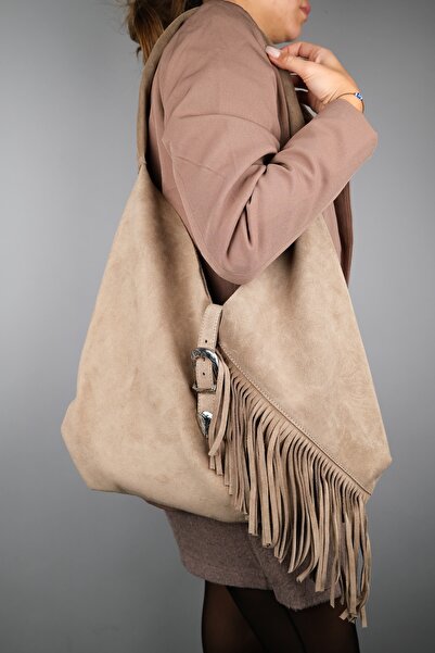 LuviShoes Rosalin Dark Beige Genuine Suede Leather Tasseled Women's Shoulder Bag