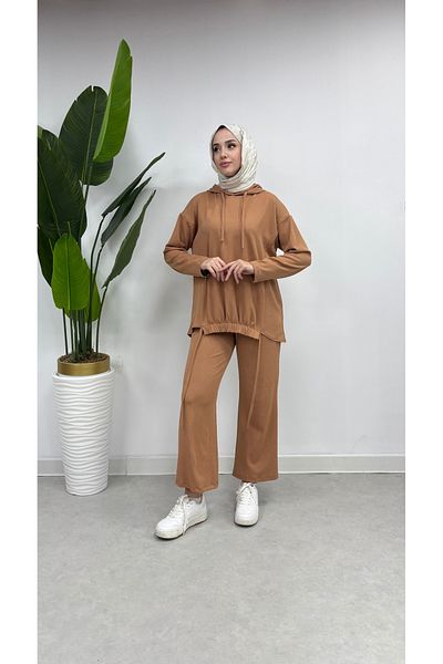 Tesettür Diyarı Women's Ribbed Hooded Double Suit - Camel