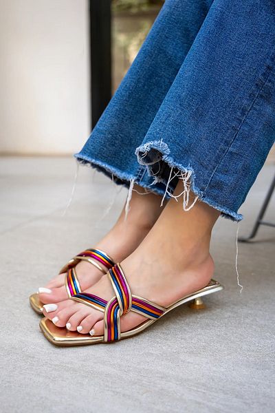 LAMİNTA Papuci cu toc pentru femei Hero Colorful, cu toc special de 4 cm, cu detaliu de panglică