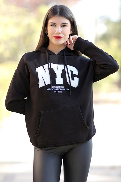 GİYSA Women's Black Embroidered Sweatshirt - Hooded, 3 Strings - 25161