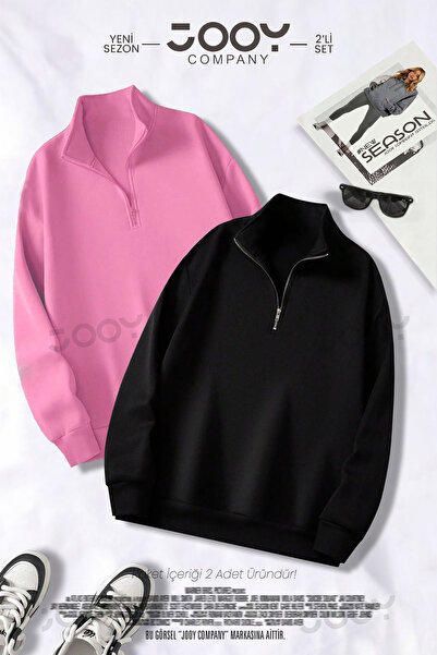 Jooy Company Yarım Fermuarlı Sweatshirt Siyah - Pembe 2'li Kampanya Set
