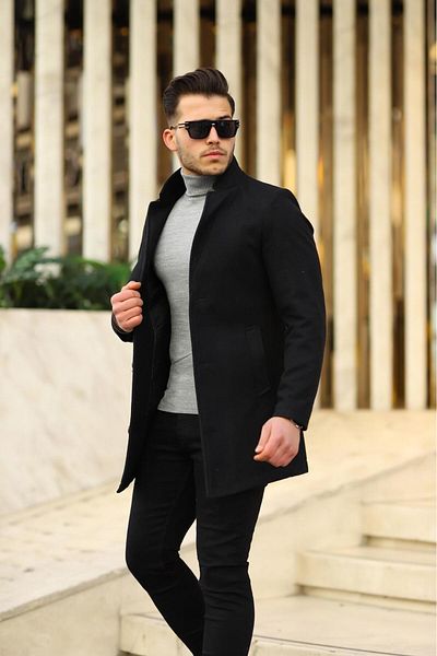 Ser Joven Ανδρικό Μαύρο παλτό γιακά με λεπτή εφαρμογή