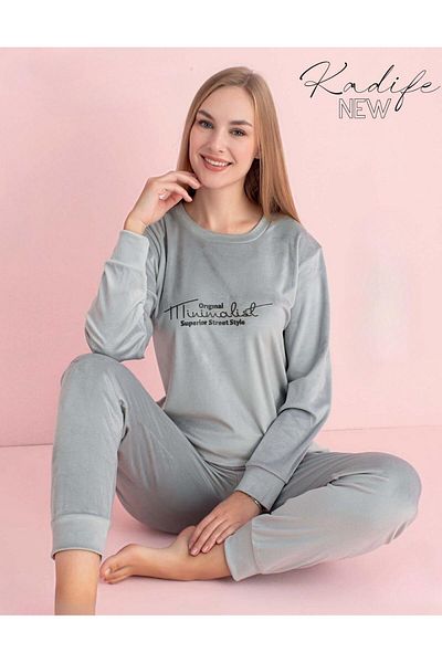 PİJAMERRY Pijamerry Women's Winter Crew Neck Velvet Pajamas Set 3023g - 1 Piece