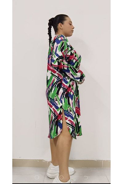 AKŞEN GİYİM Large Size Tesetture Suitable Flexible Burger Fabric Patterned Dress Tunic with Elastic Sleeves