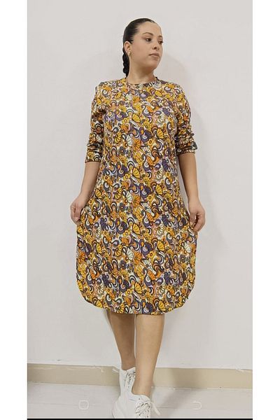AKŞEN GİYİM Large Size Tesetture Suitable Flexible Burger Fabric Patterned Dress Tunic with Elastic Sleeves