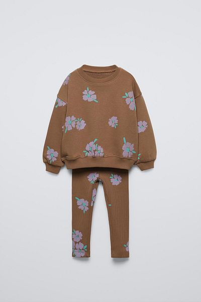Ladin Store Girl's Cotton Floral Printed 3 Thread Without Raise Sweatshirt and Ribbed Leggings Set