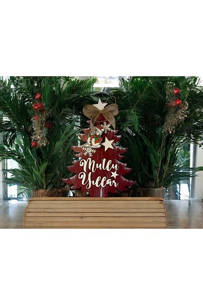 woodline Happy New Year Themed Pine Tree Shaped Wooden Door and Wall Decoration - Christmas Decor