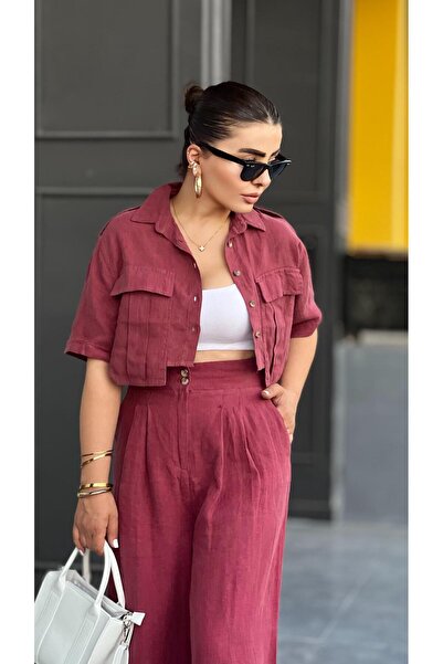 Oslove Bordo %100 Ham Keten Crop Gömlek