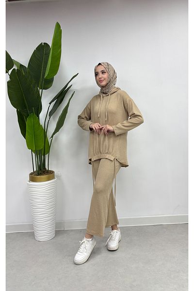 Tesettür Diyarı Beige Color Women's Double Suit - Corded Hoodie