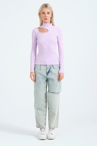 PUNKY CAT Women's Lilac Cut Out Detailed Turtleneck Ribbed Knitted Blouse