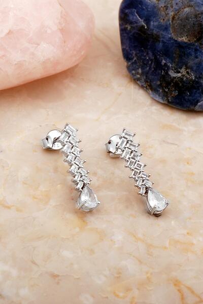 Sümer Telkari Baget Taşlı Tasarım Rodyumlu Gümüş Küpe 7112