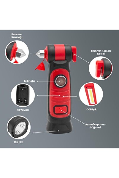 gaman Cam Kırıcı Çekiç + El Feneri + Emniyet Kemeri Kesici 3 Özellik Tek Ürün...